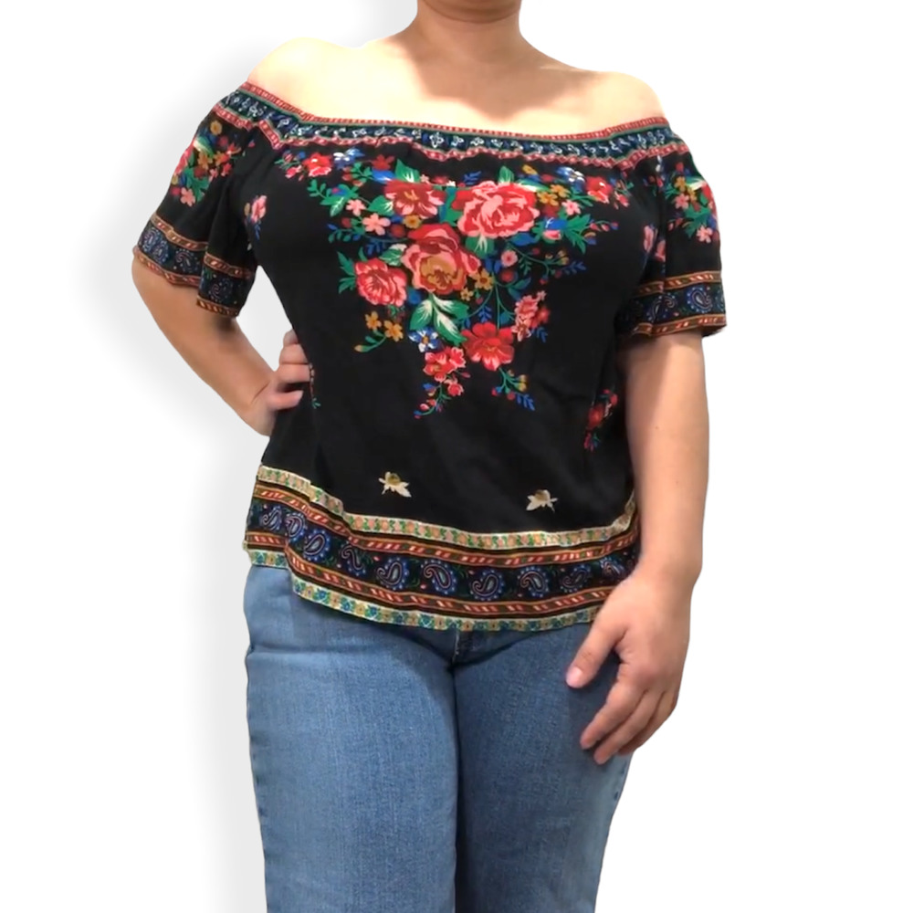 Flying Tomato Floral Off the Shoulder Top Medium Black Floral Print Shirt - Picture 14 of 14